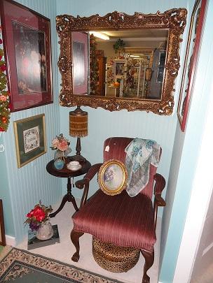 Ornate gold frame shabby chic mirror, vintage rose chair, amber beaded lamp
